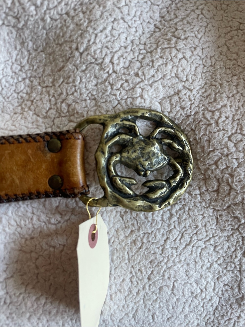 Vintage astrology Cancer Brown Leather Belt with Brass Crab Buckle